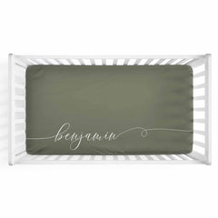 Personalized Baby Name Olive Green Color Jersey Knit Crib Sheet in Swash Line Script Style