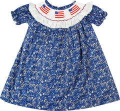 Baby Infant Girls 4th July Patriotic American Flag Red White Blue Hand Smocked Bishop Dress Navy Floral - Angeline Kids