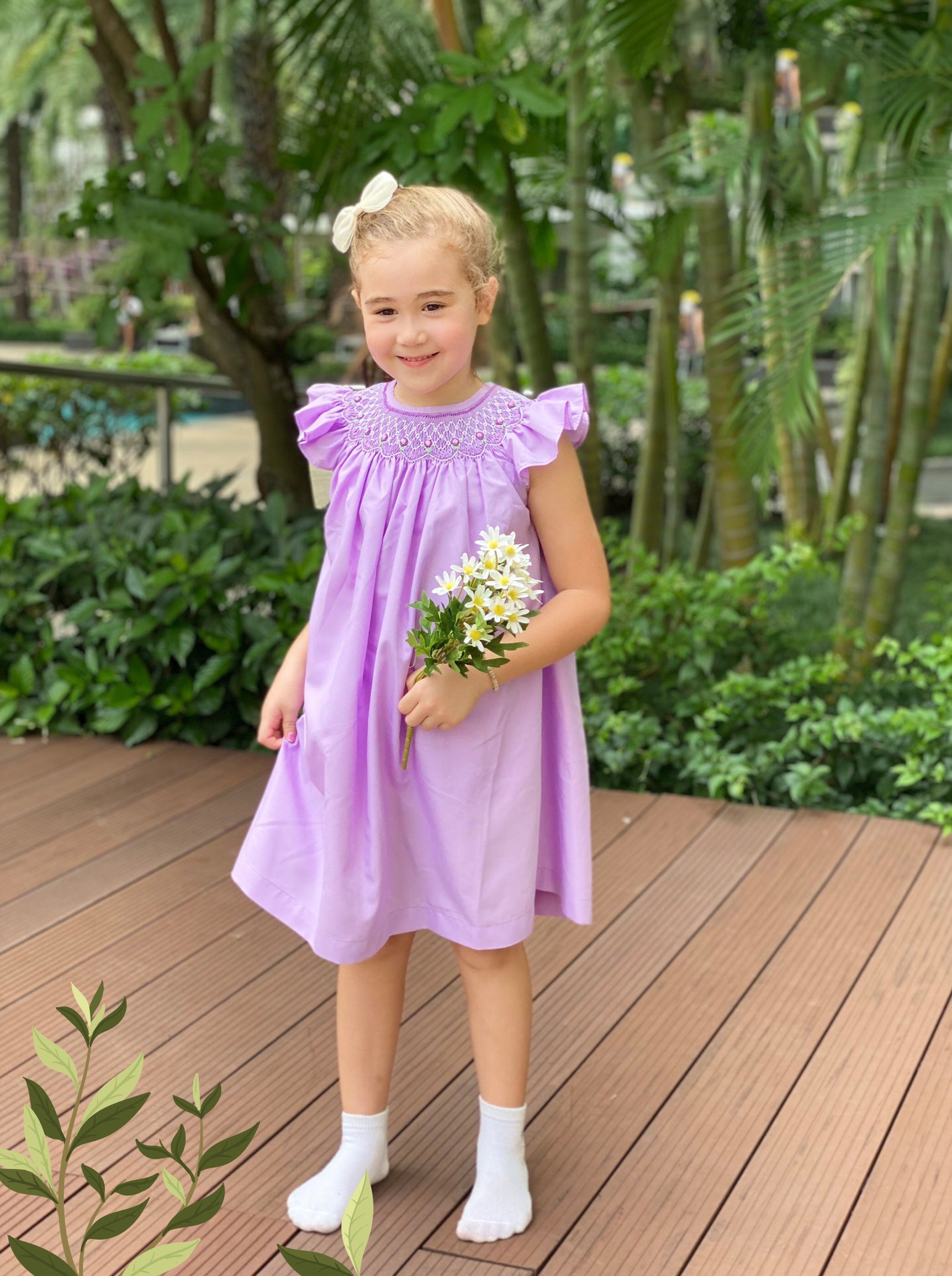Baby Girls Spring Summer Floral Geometric Hand Smocked Dress Lavender