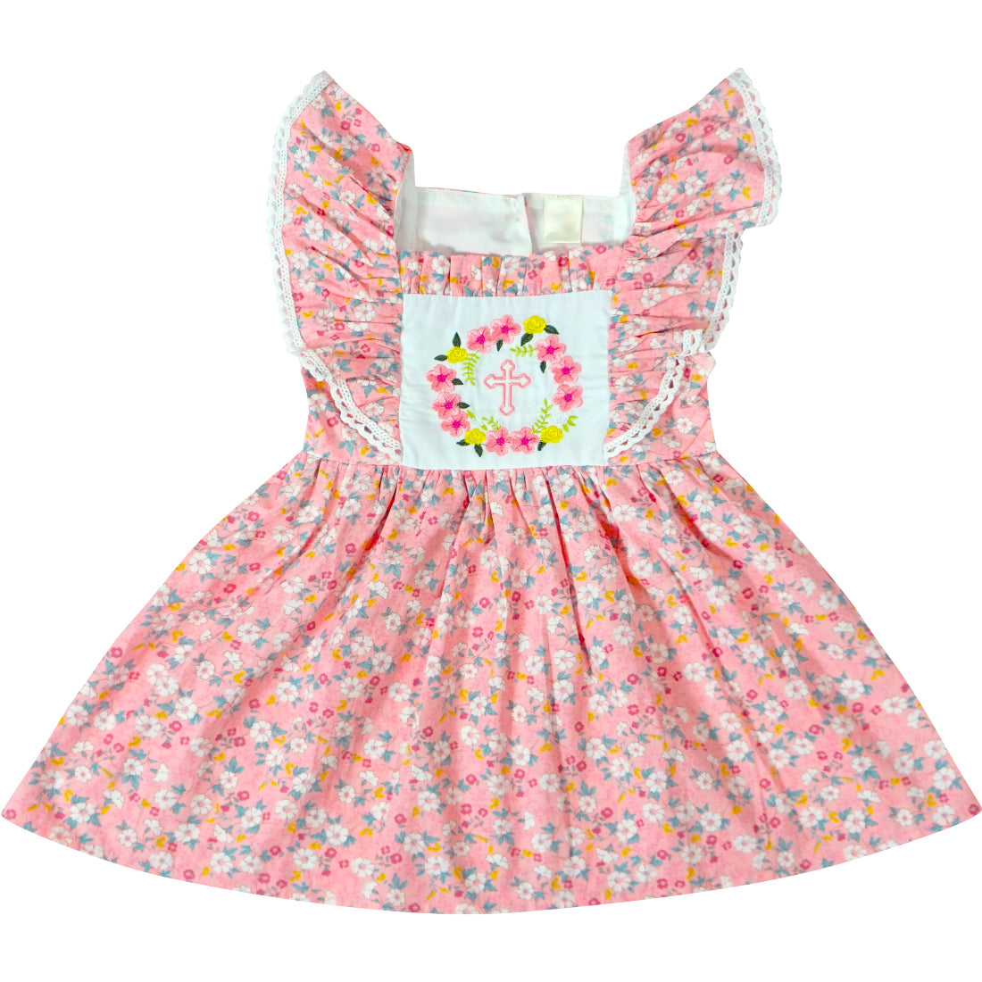 Baby Toddler Little Girls Easter Vintage Floral Cross Embroirdery Pinafore Cotton Dress
