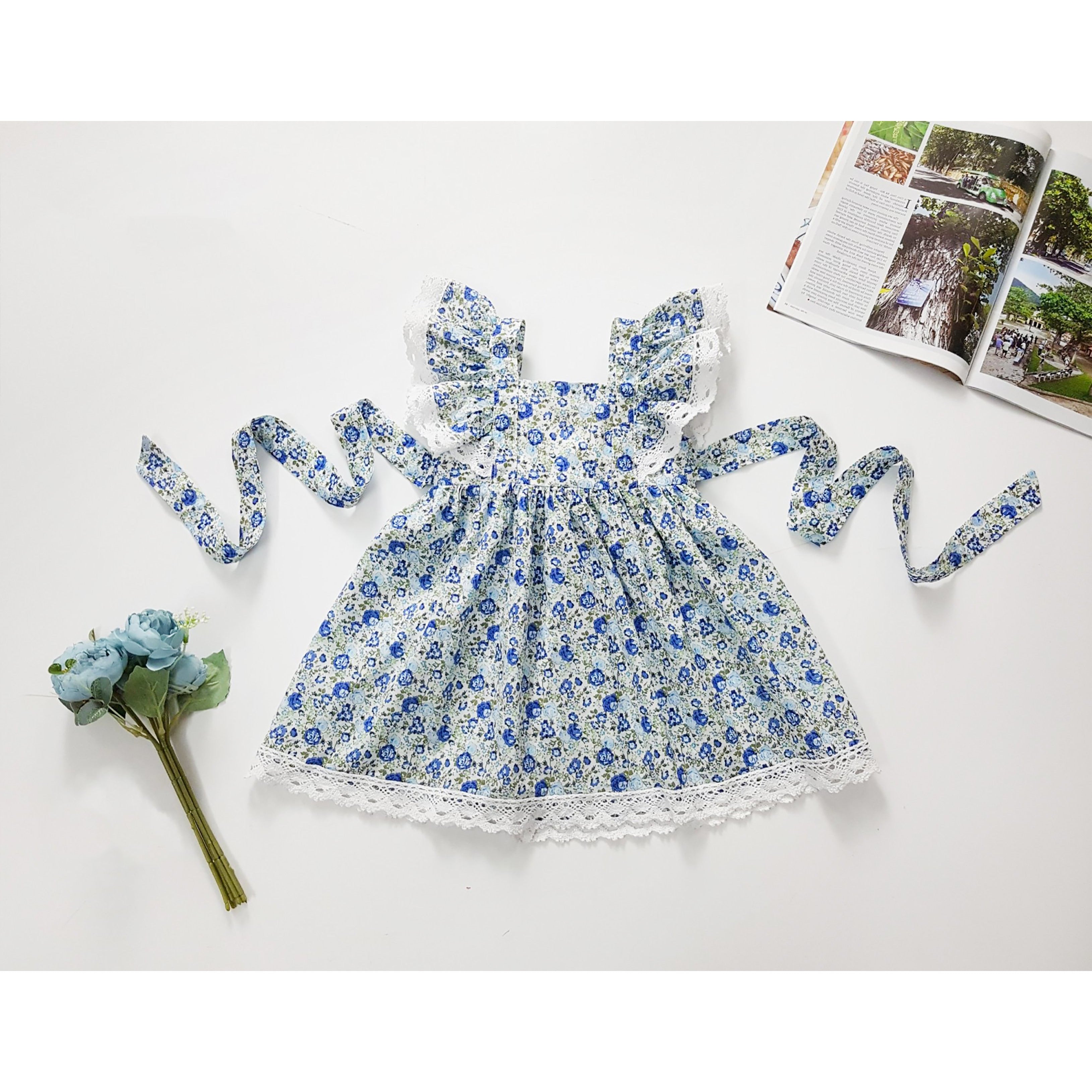 Baby Toddler Little Girls Spring Summer Flutter Sleeves Ruffle Lace Cotton Woven Dress - Navy Floral - Angeline Kids