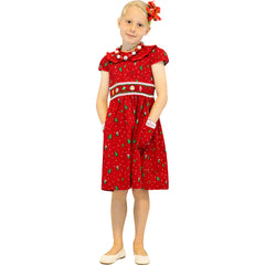 Baby Toddler Little Girls Merry Christmas Holiday Ornaments Hand Smocked Dress - Red/Ornaments - Angeline Kids