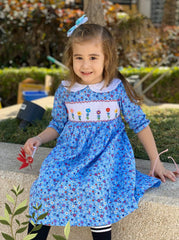 Baby Toddler Little Girl Summer Flowers Geometric Hand Smocked Dress - Blue - Angeline Kids