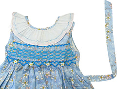 Baby Toddler Little Girls Spring Summer Flowers Geometric Smocked Dress - Light Blue - Angeline Kids
