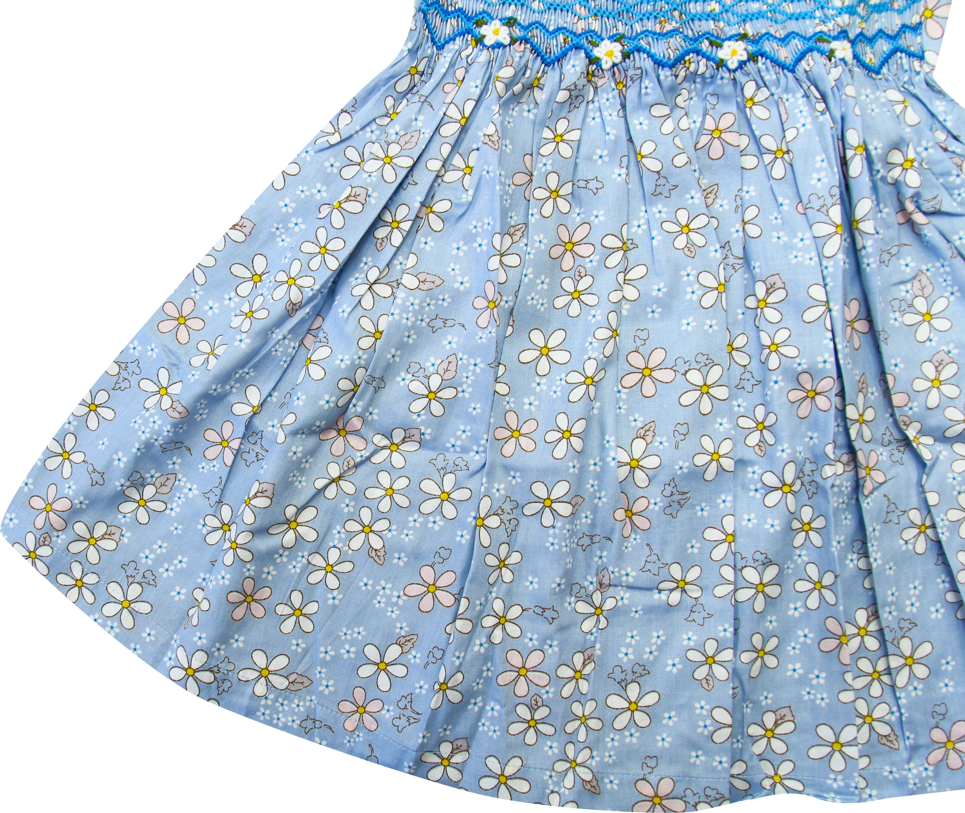 Baby Toddler Little Girls Spring Summer Flowers Geometric Smocked Dress - Light Blue - Angeline Kids