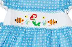 Toddler Little Girls Ariel Mermaid Hand Smocked Dress - Blue - Angeline Kids