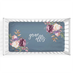 Grae's Dusty Blue Floral Personalized Crib Sheet
