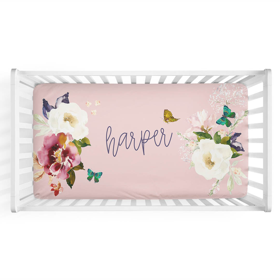 Harper's Butterfly Garden Personalized Crib Sheet