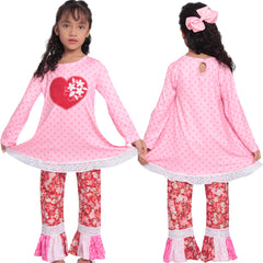 Baby Toddler Little Girls Valentines Day Cherry Blossom Heart Polka Dot Pant Set - Angeline Kids