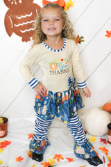 Baby Toddler Little Girls Give Thanks Top & Pants Set - Ivory Teal Stripes - Angeline Kids