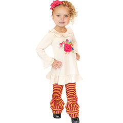 Baby Toddler Little Girls Thanksgiving Turkey Ruffle Top Pants Set w/ Free Headband - Ivory Fuchsia Stripes