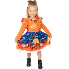 Baby Toddler Little Girls Thanksgiving Turkey Tie Back Dress With Headband ( Free Bloomers for baby sizes )