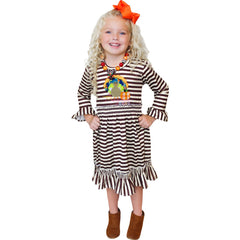 Baby Toddler Little Girl Thanksgiving Turkey Brown Stripes Dress w Hair Bow
