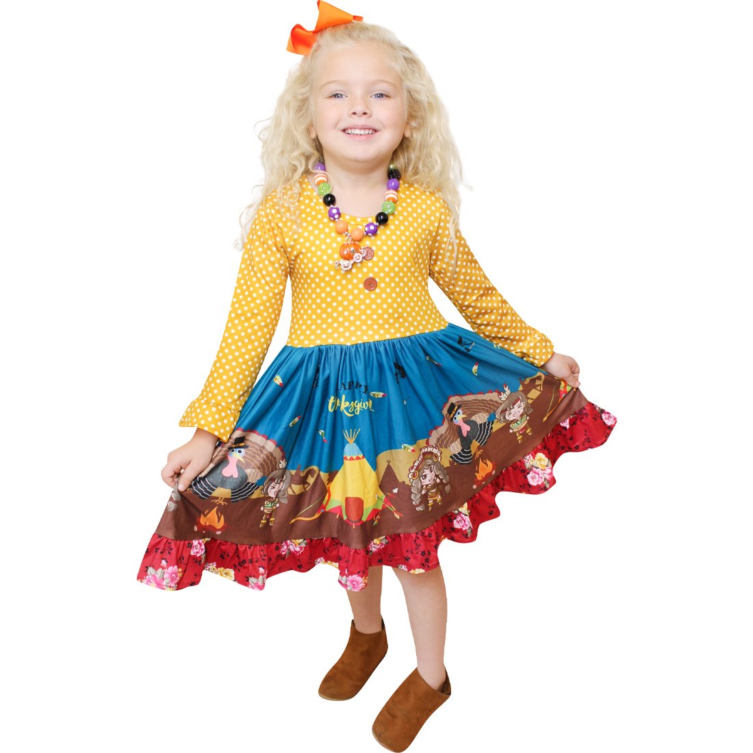 Baby Infant Toddler Girls Thanksgiving Tribal Girls Polka Dot Dress - Mustard