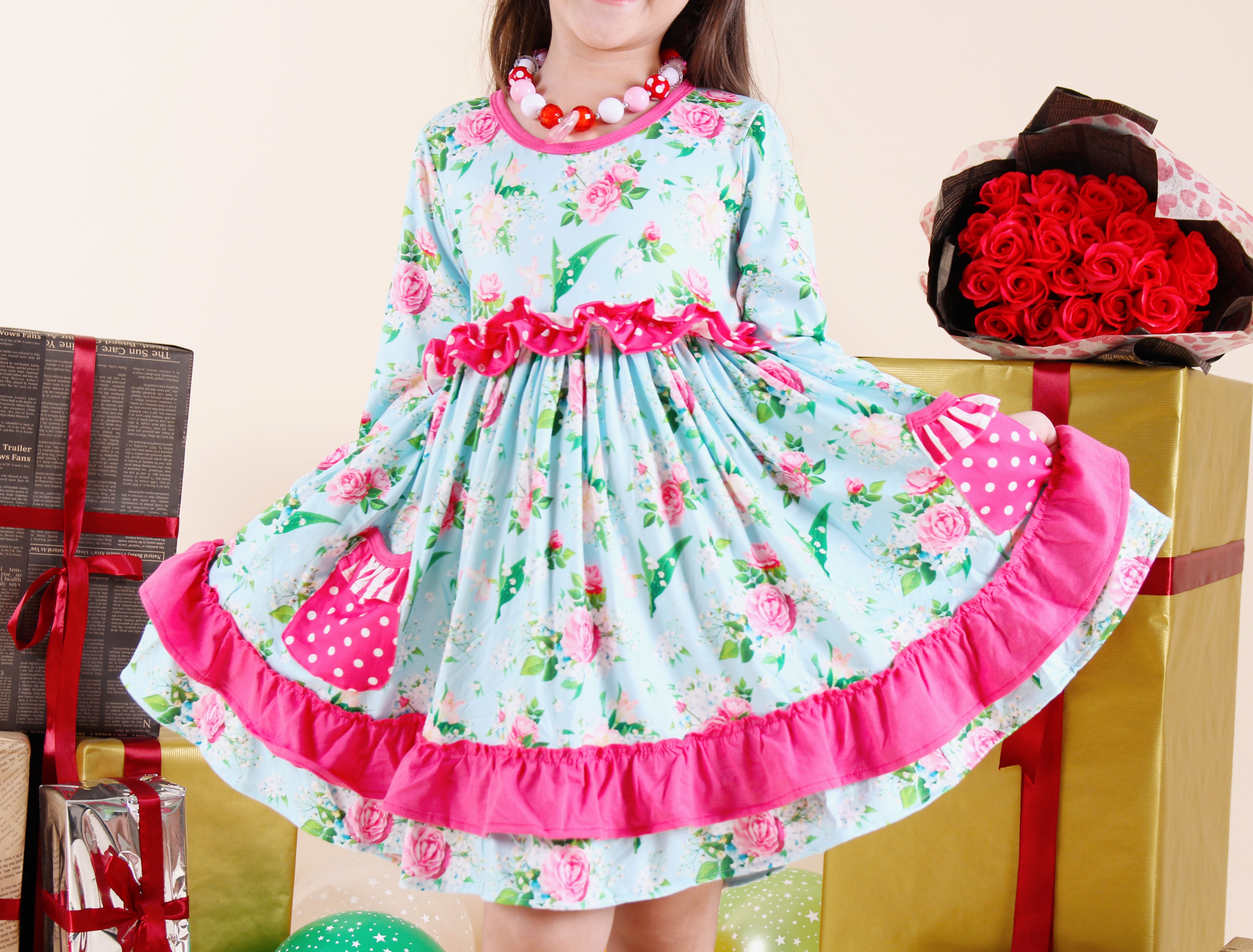 Toddler Little Girls Spring Easter Rose Floral Twirl Dress + Free hairband - Pink Mint - Angeline Kids