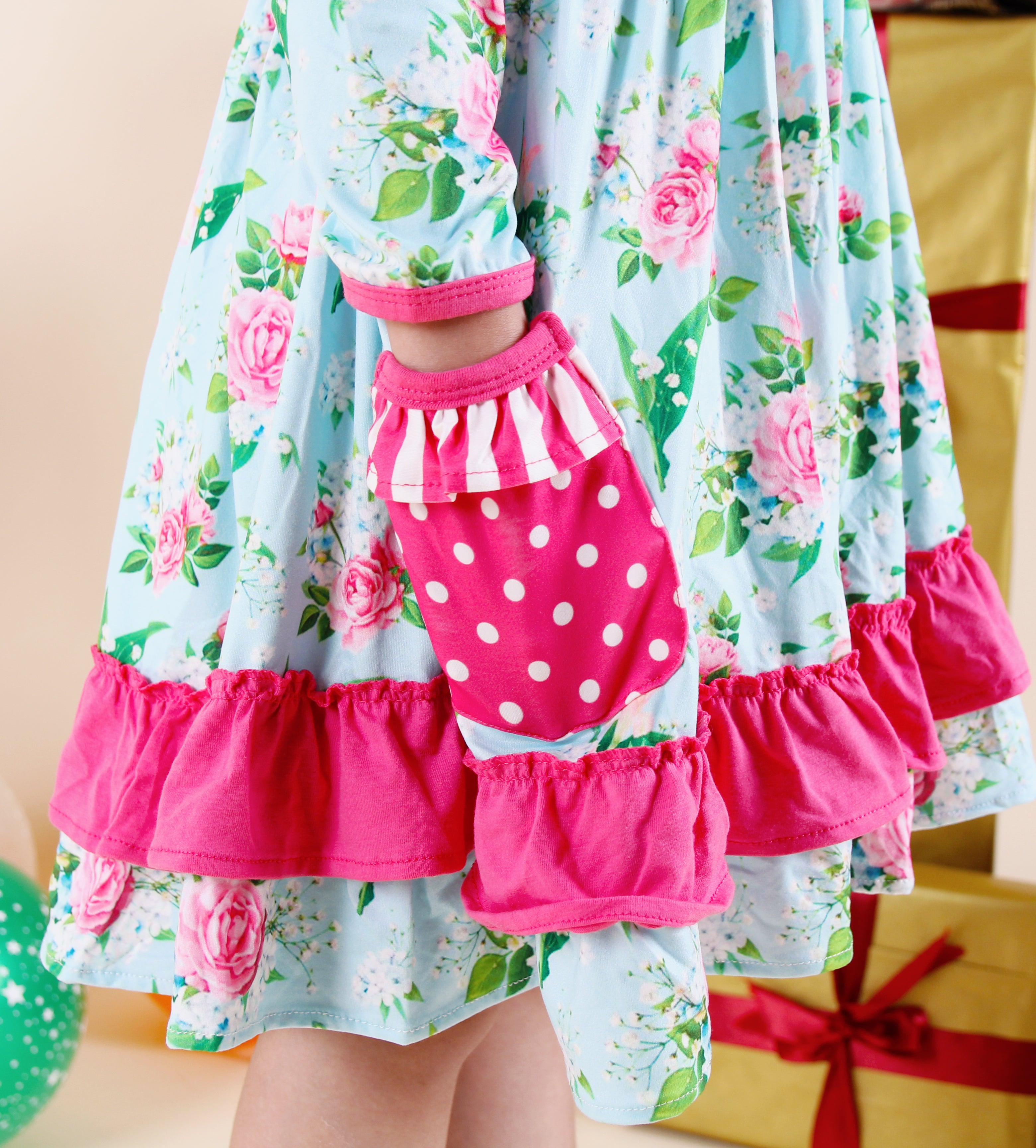 Toddler Little Girls Spring Easter Rose Floral Twirl Dress + Free hairband - Pink Mint - Angeline Kids