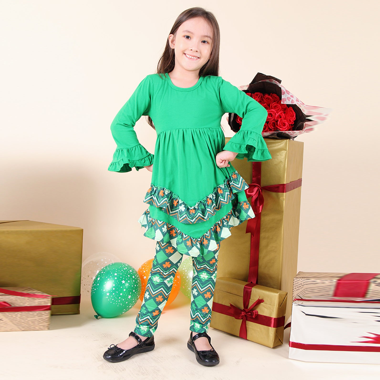 Baby Toddler Little Girl St Patricks Day Shamrock Clover Scarf Outfit - ZigZag/Green - Angeline Kids