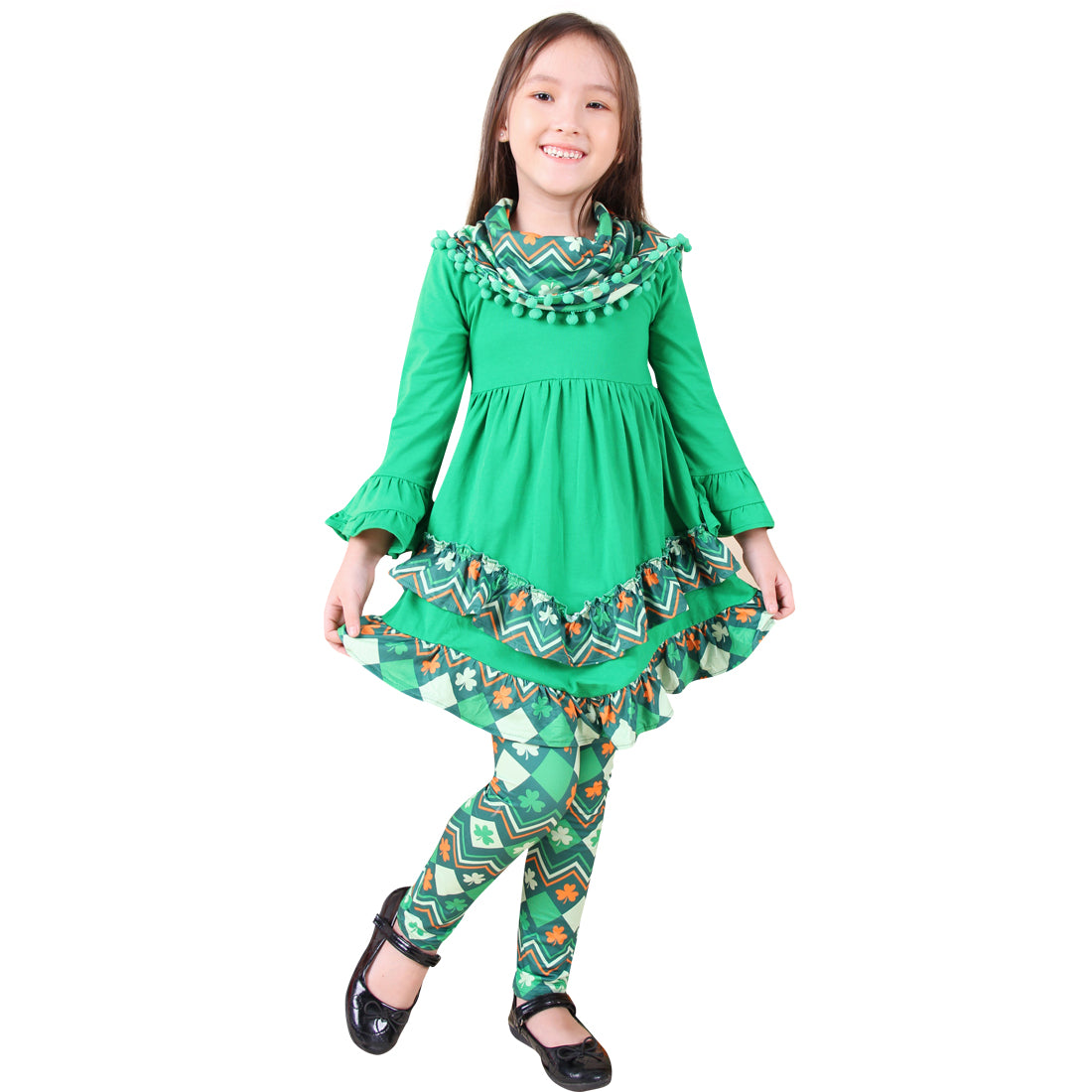Baby Toddler Little Girl St Patricks Day Shamrock Clover Scarf Outfit - ZigZag/Green - Angeline Kids