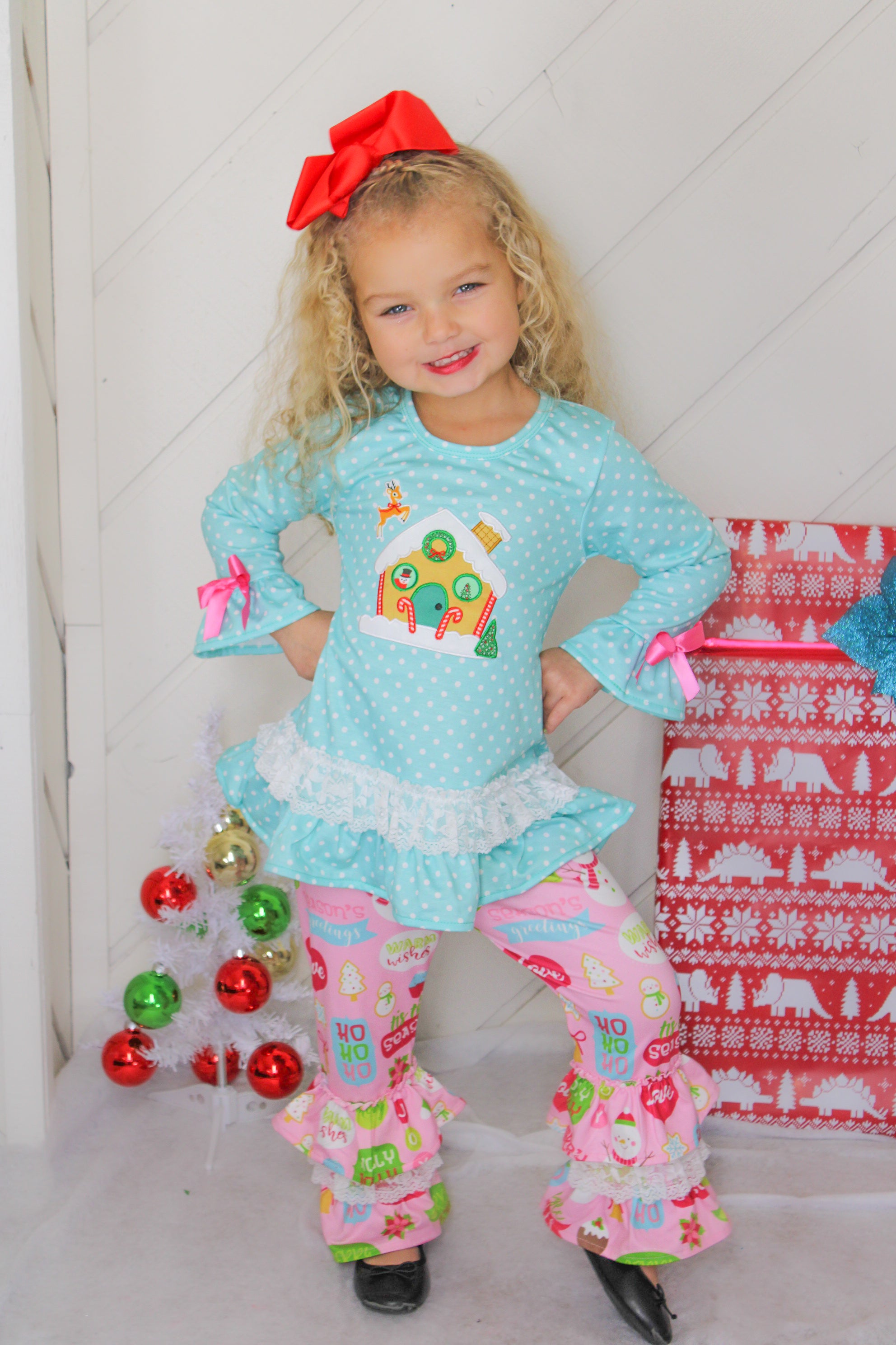 Baby Girls Merry Christmas Gingerbread House Ruffle Top Pants Set - Mint Pink - Angeline Kids