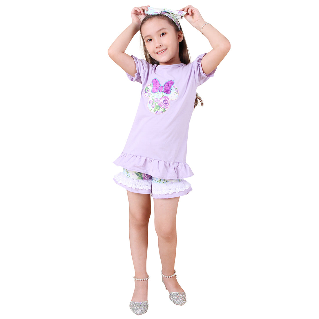 Baby Toddler Little Girls Disney Inspired Minnie Mouse Head Top Shorts Set - Lavender - Angeline Kids