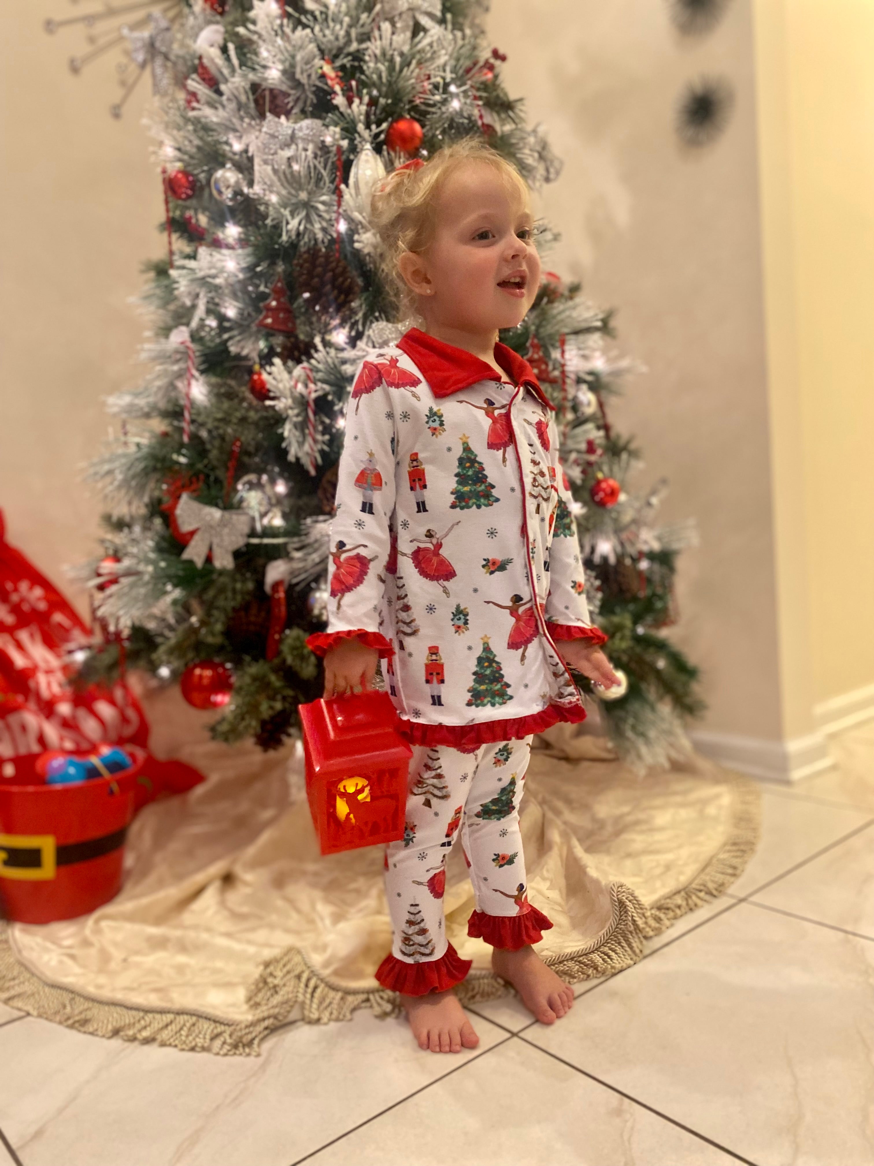 Baby Toddler Little Girls Christmas Nutcracker Classic Buttons Down Pajamas Lougewear 2-Piece Set - Angeline Kids