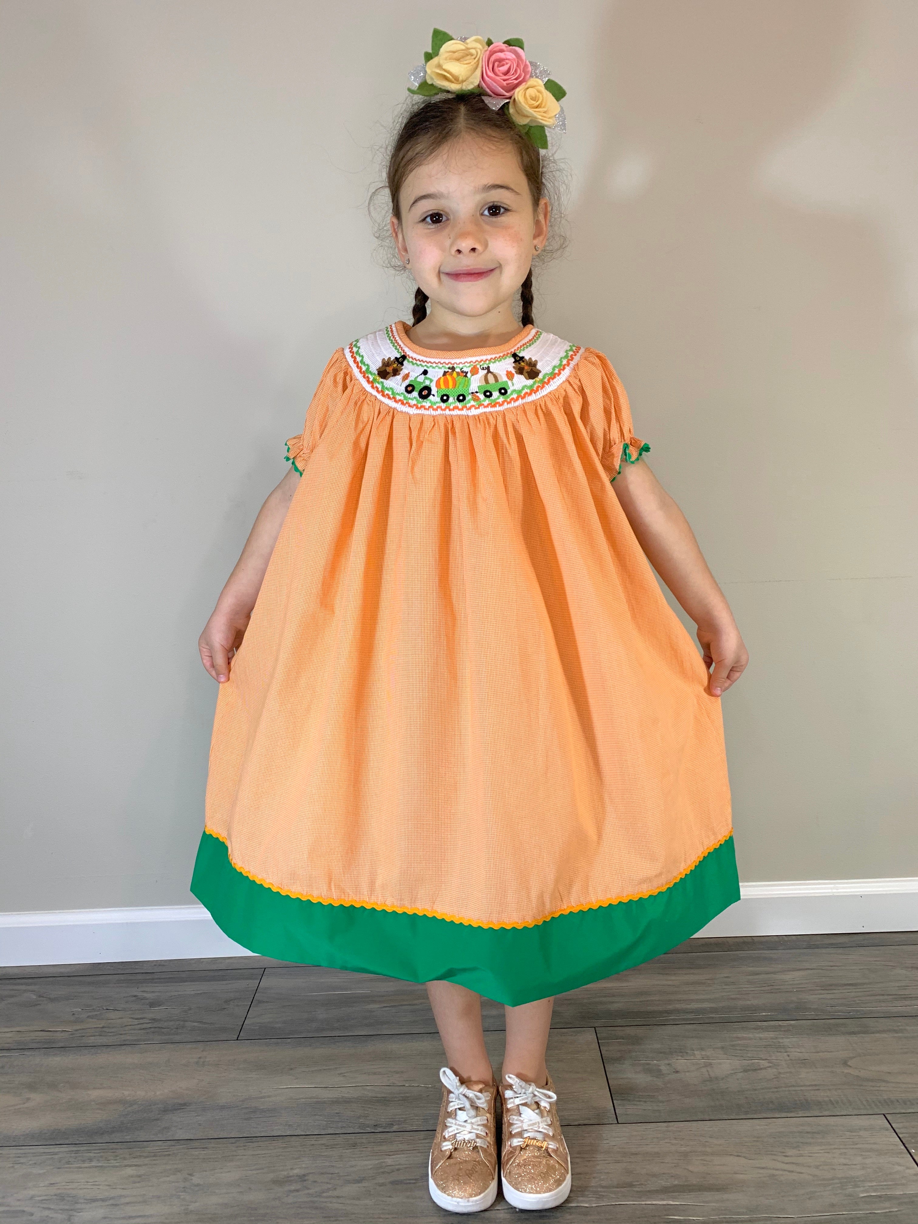 Baby Toddler Little Girl Thankskgiving Turkey & Pumpkin Tractor Gingham Bishop Dress - Orange/Green - Angeline Kids