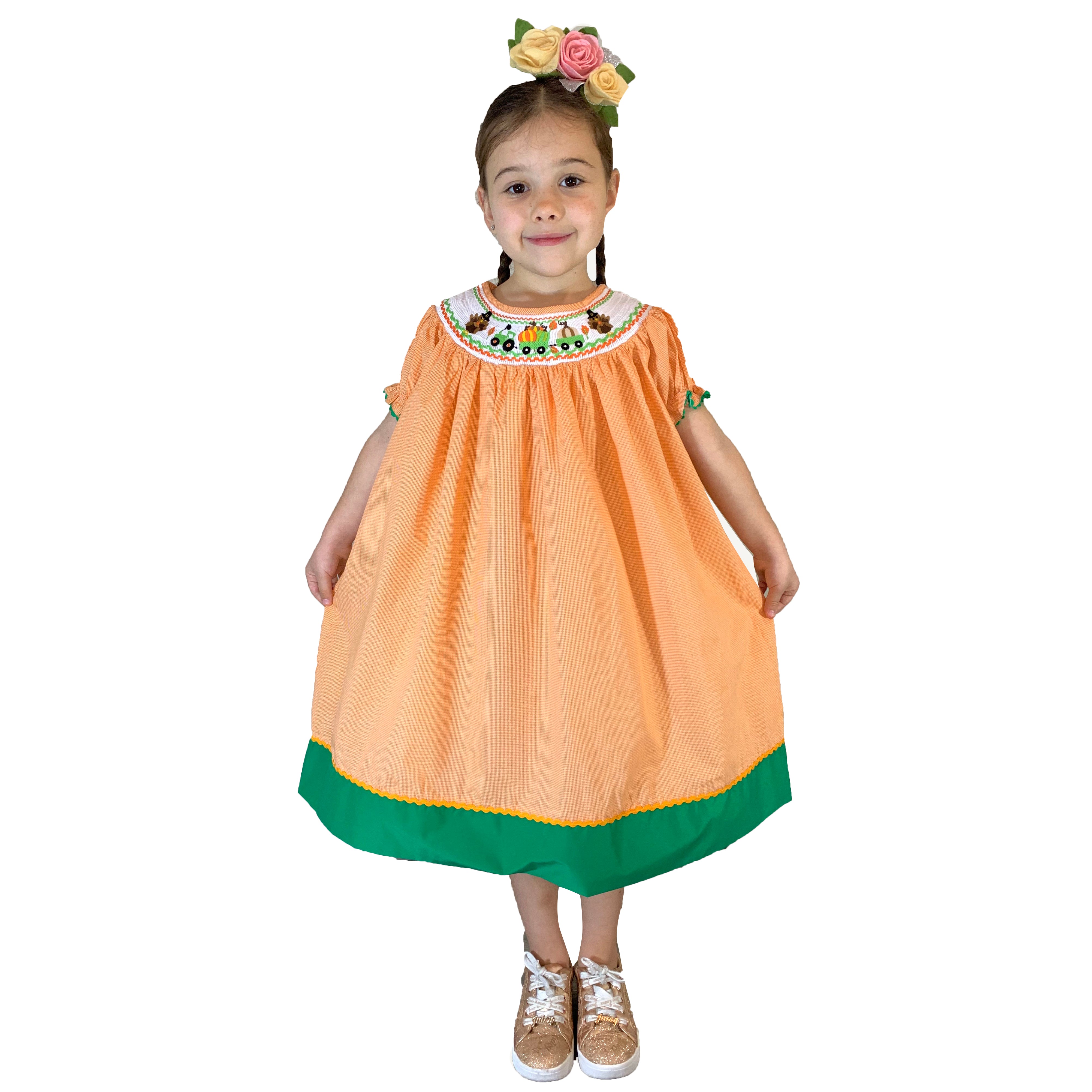 Baby Toddler Little Girl Thankskgiving Turkey & Pumpkin Tractor Gingham Bishop Dress - Orange/Green - Angeline Kids