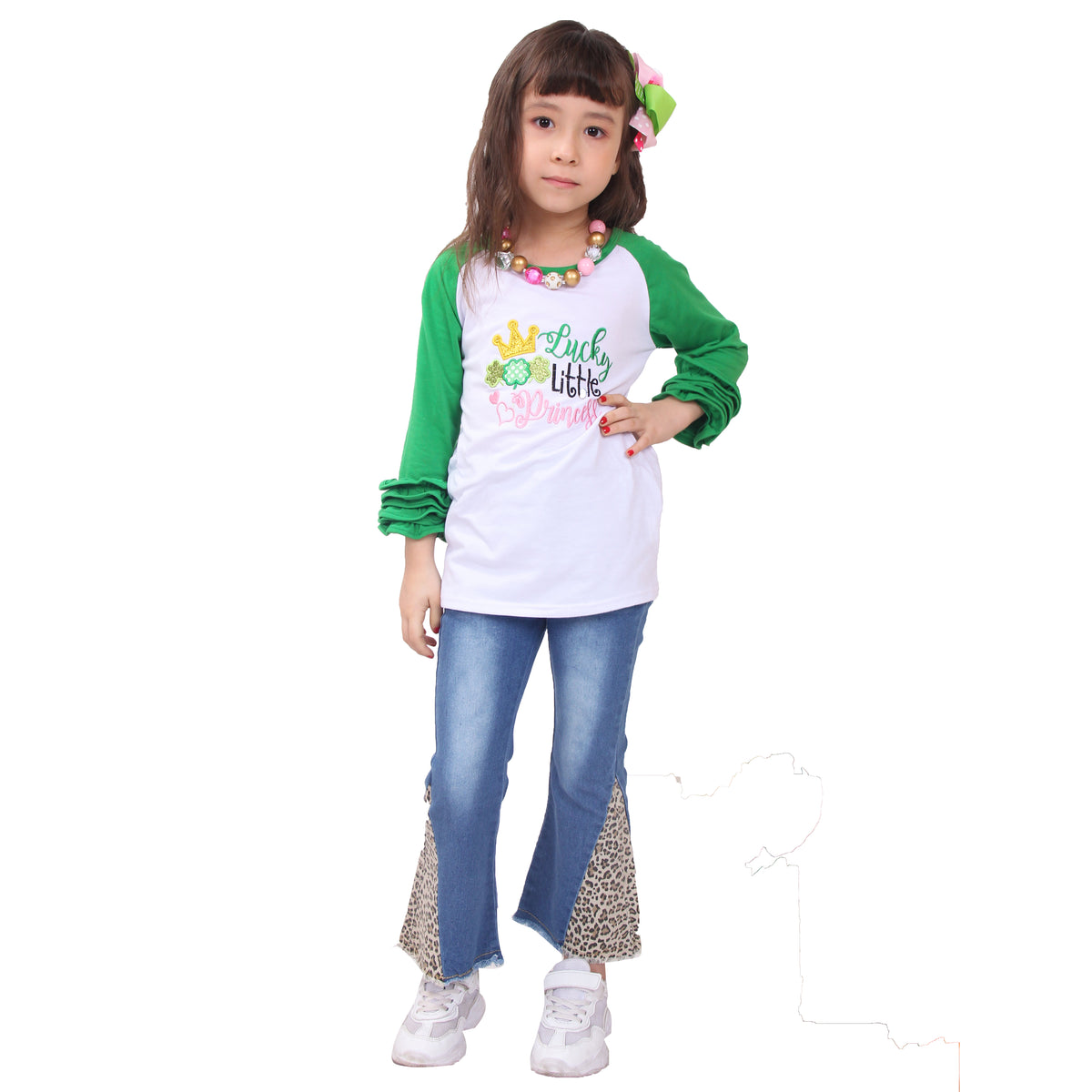 Toddler Little Girl St Patrick Lucky Little Princess Ruffles Top Denim Set - Angeline Kids