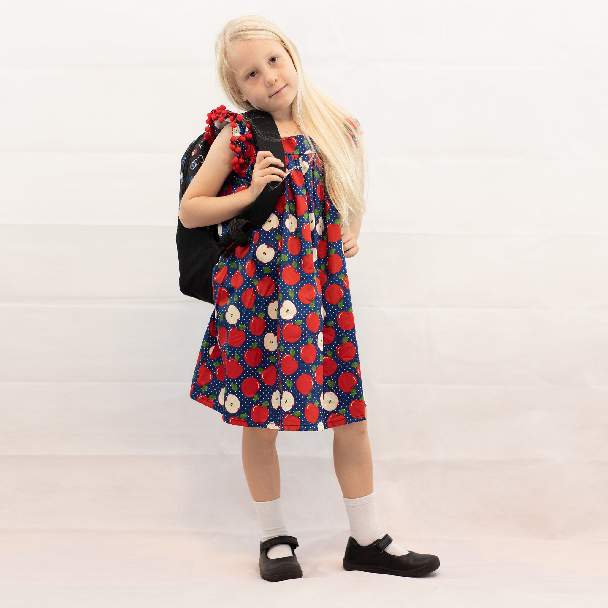 Toddler Little Girls Back to School Navy Polka Dot Apple Dress - Woven Cotton - Angeline Kids