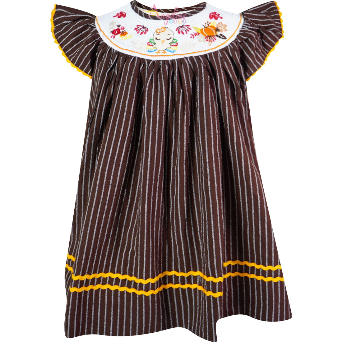 Baby Toddler Little Girl Thanksgiving Turkey Embroidery Bishop Dress - Brown Stripes - Angeline Kids