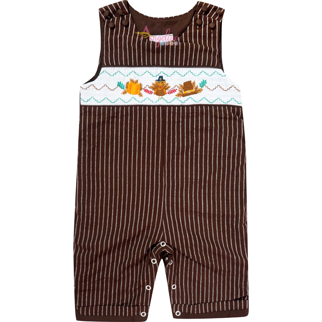 Baby Toddler Little Boys Thanksgiving Turkey Embroidery Longall - Brown Stripes.