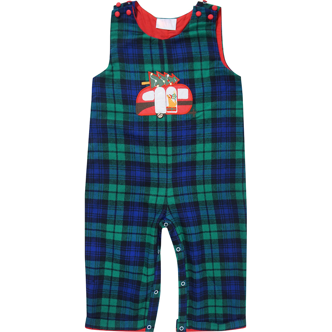 Baby Infant Toddler Boys Merry Tree Dog Camper Truck Green Tartan Plaid Longall Overall One-Piece