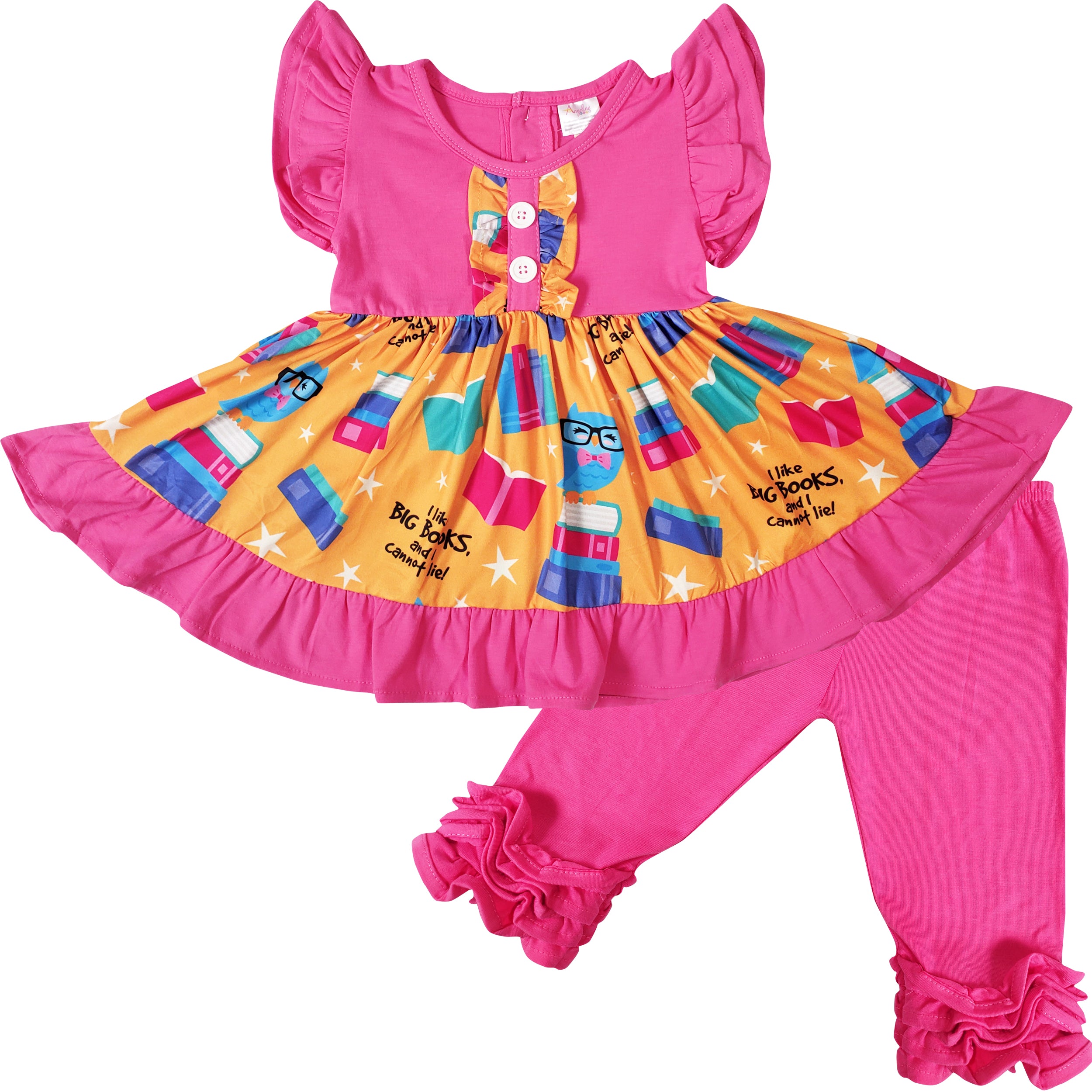 Toddler Girls Back To School Owl Ruffle Top & Capris Set - Hot Pink - Angeline Kids