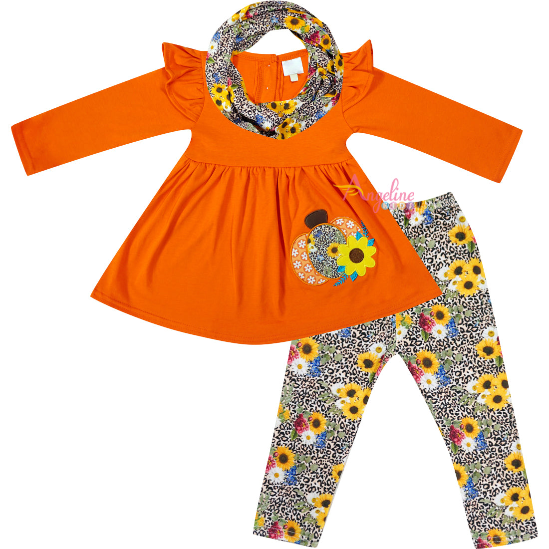 Baby Toddler Little Girls Fall Sunflower Cheetah Pumpkin Scarf Outfit - Tangerine Orange - Angeline Kids