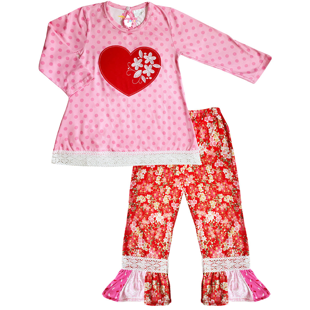 Baby Toddler Little Girls Valentines Day Cherry Blossom Heart Polka Dot Pant Set - Angeline Kids
