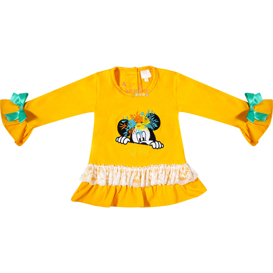 Baby Toddler Little Girl Disney Halloween Minnie Boo Ruffle Pant Set - Mustard/Turquoise - Angeline Kids