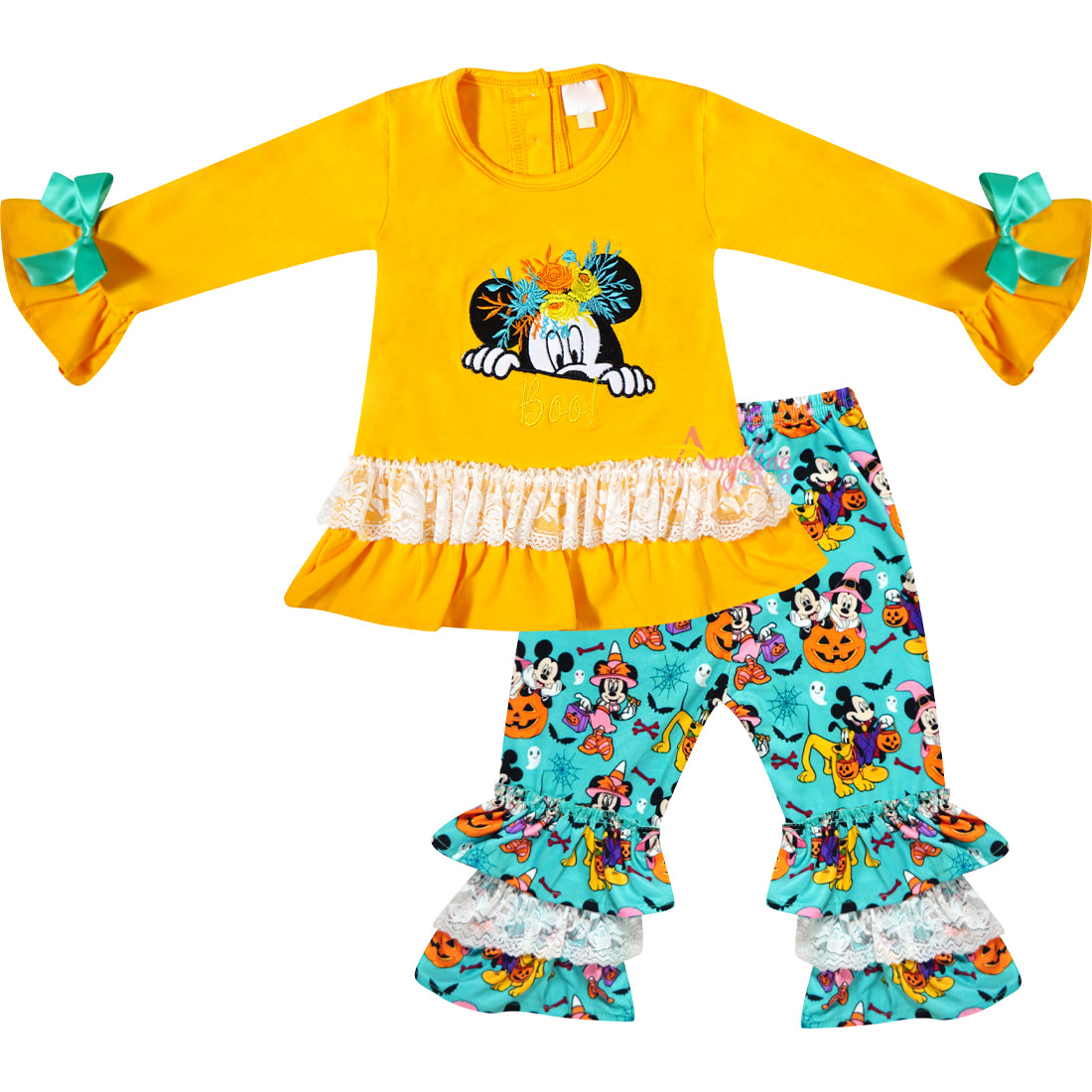 Baby Toddler Little Girl Disney Halloween Minnie Boo Ruffle Pant Set - Mustard/Turquoise - Angeline Kids
