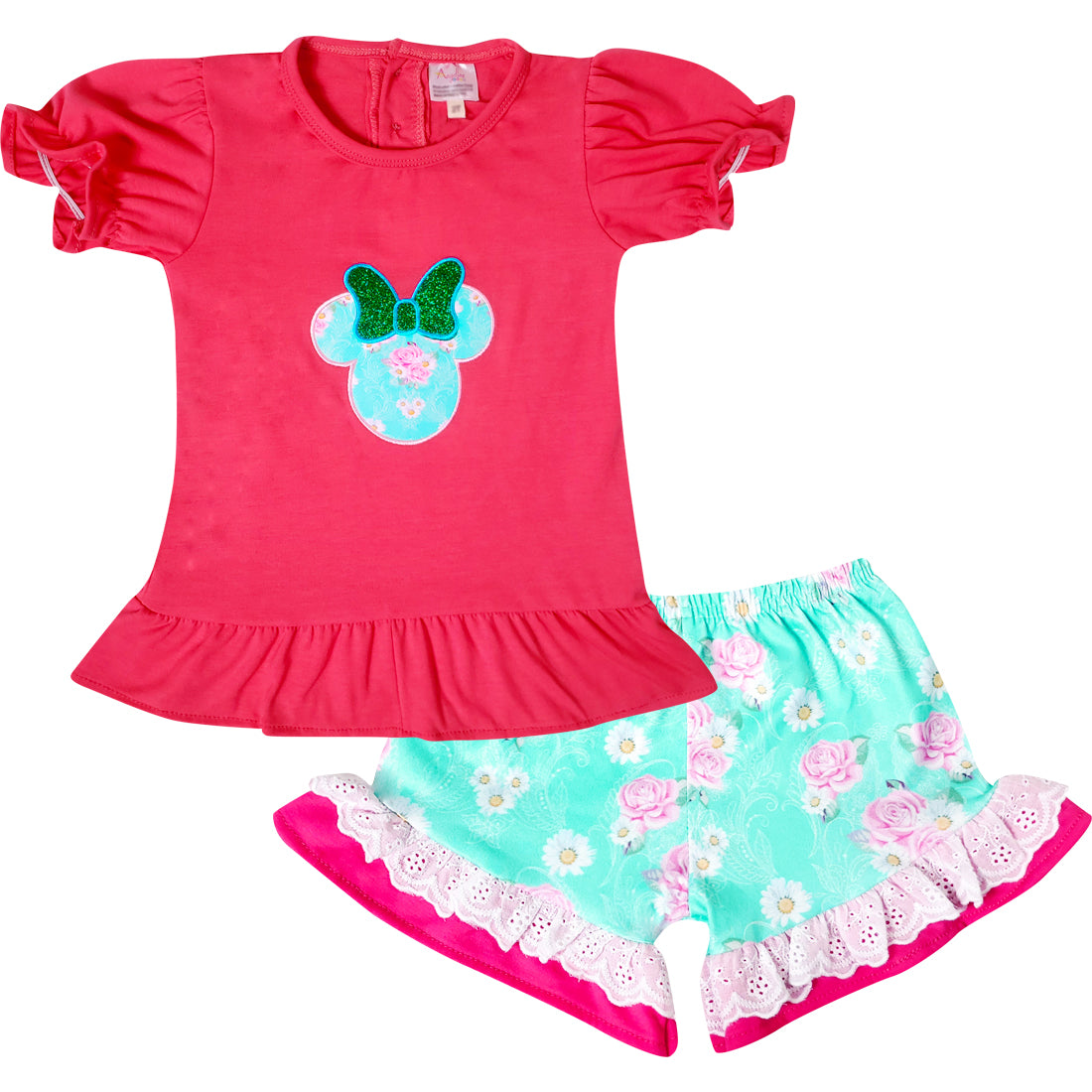 Baby Toddler Little Girls Disney Inspired Minnie Mouse Head Top Shorts Set - Fuchsia Mint - Angeline Kids
