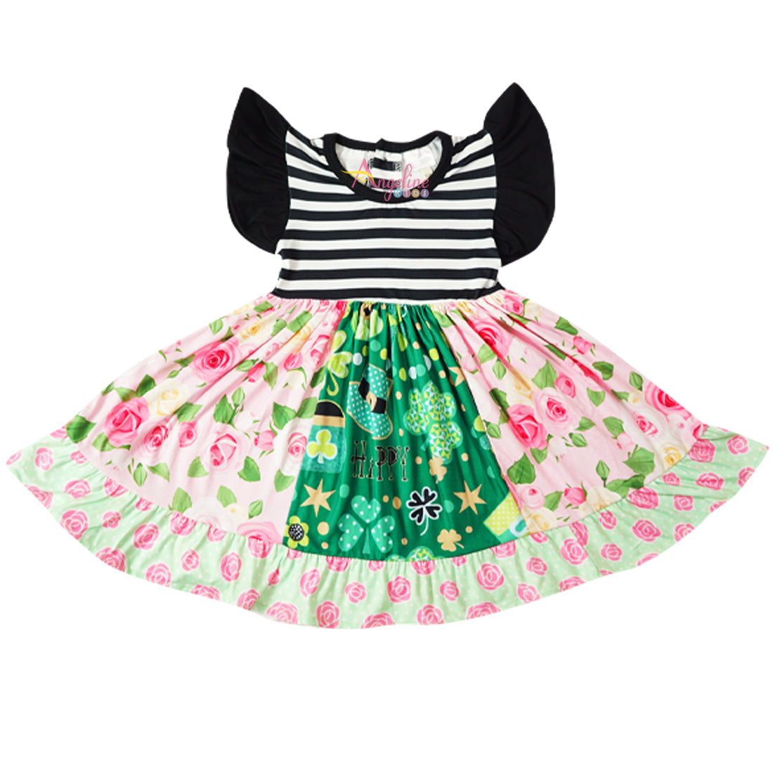 Baby Toddler Little Girl St. Patricks Day Twirl Dress Leggings Set - Black Stripes - Angeline Kids