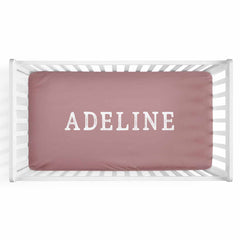 Personalized Baby Name Dusty Rose Color Jersey Knit Crib Sheet in Block Print Style