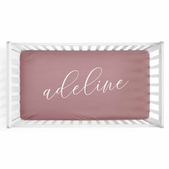 Personalized Baby Name Dusty Rose Color Jersey Knit Crib Sheet in Centered Script Style