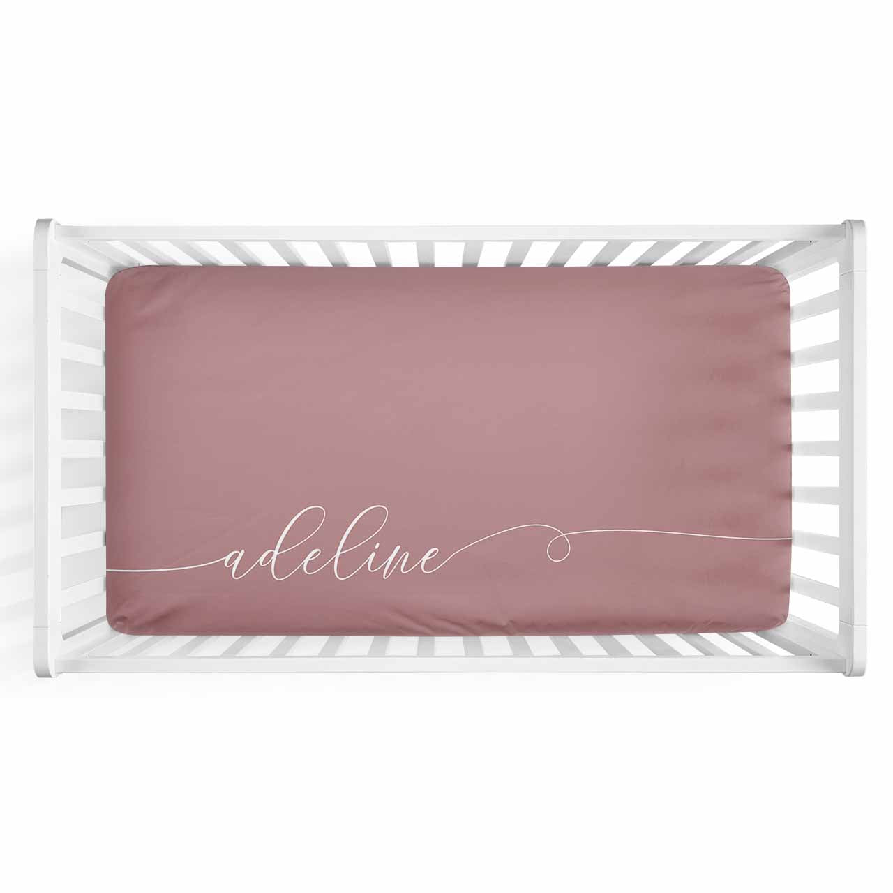 Personalized Baby Name Dusty Rose Color Jersey Knit Crib Sheet in Swash Line Script Style