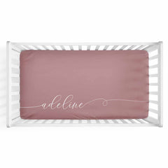 Personalized Baby Name Dusty Rose Color Jersey Knit Crib Sheet in Swash Line Script Style
