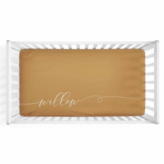 Personalized Baby Name Mustard Yellow Color Jersey Knit Crib Sheet in Swash Line Script Style