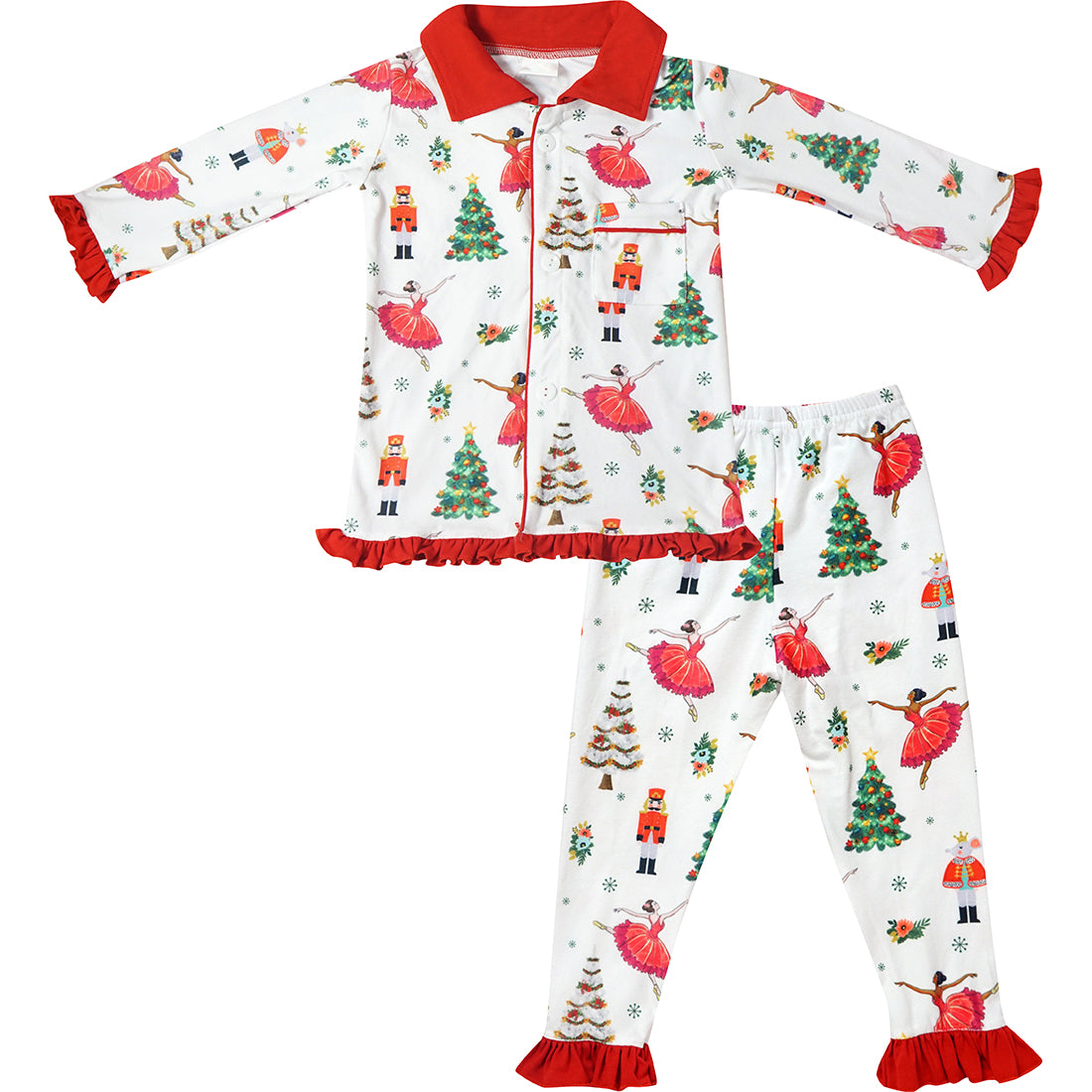 Baby Toddler Little Girls Christmas Nutcracker Classic Buttons Down Pajamas Lougewear 2-Piece Set - Angeline Kids
