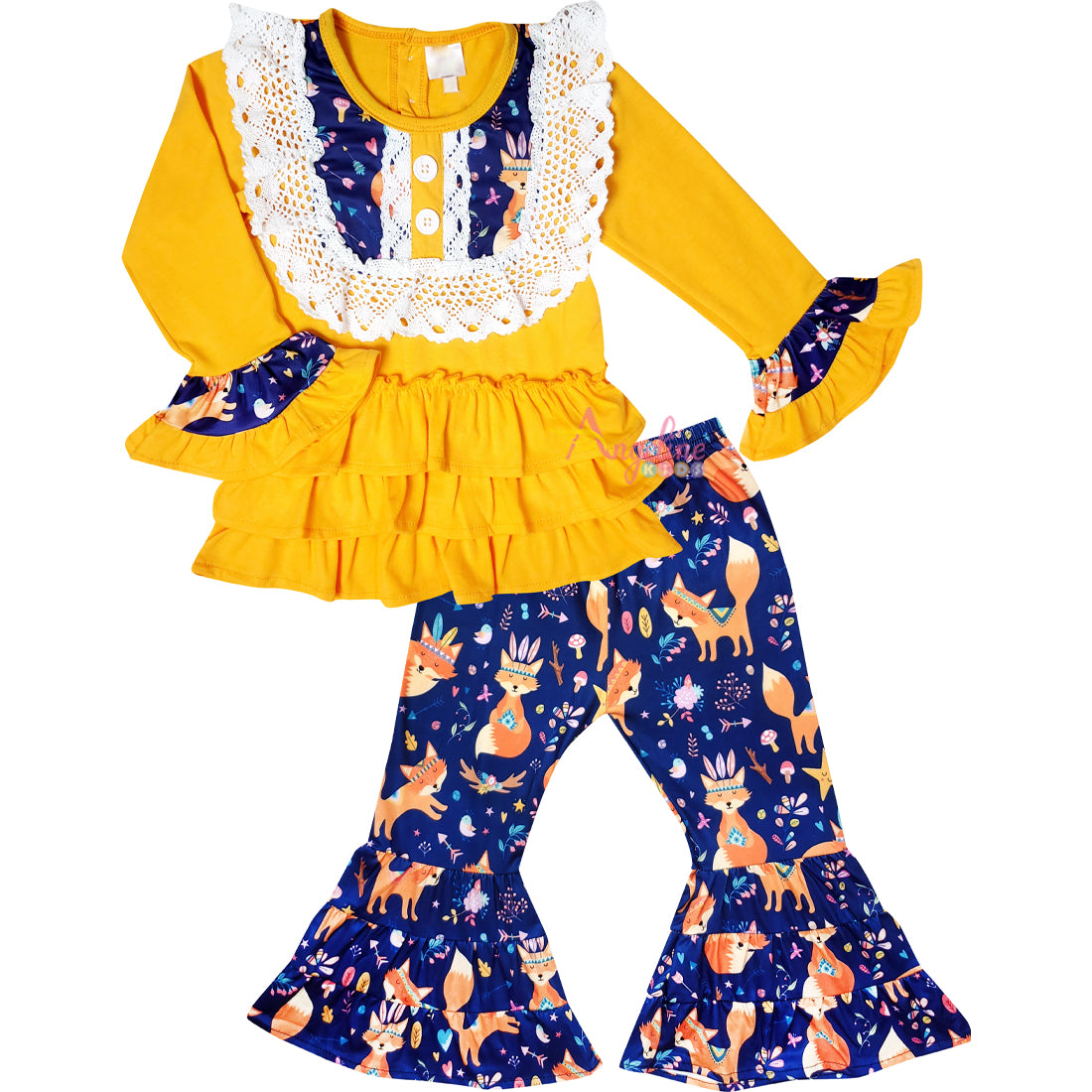 Baby Toddler Little Girl Fall Colors King Fox Ruffle Top Pants Set - Mustard/Navy - Angeline Kids