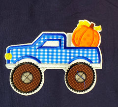 Baby Boys Halloween Pumpkin Truck Romper - Orange Navy - Angeline Kids