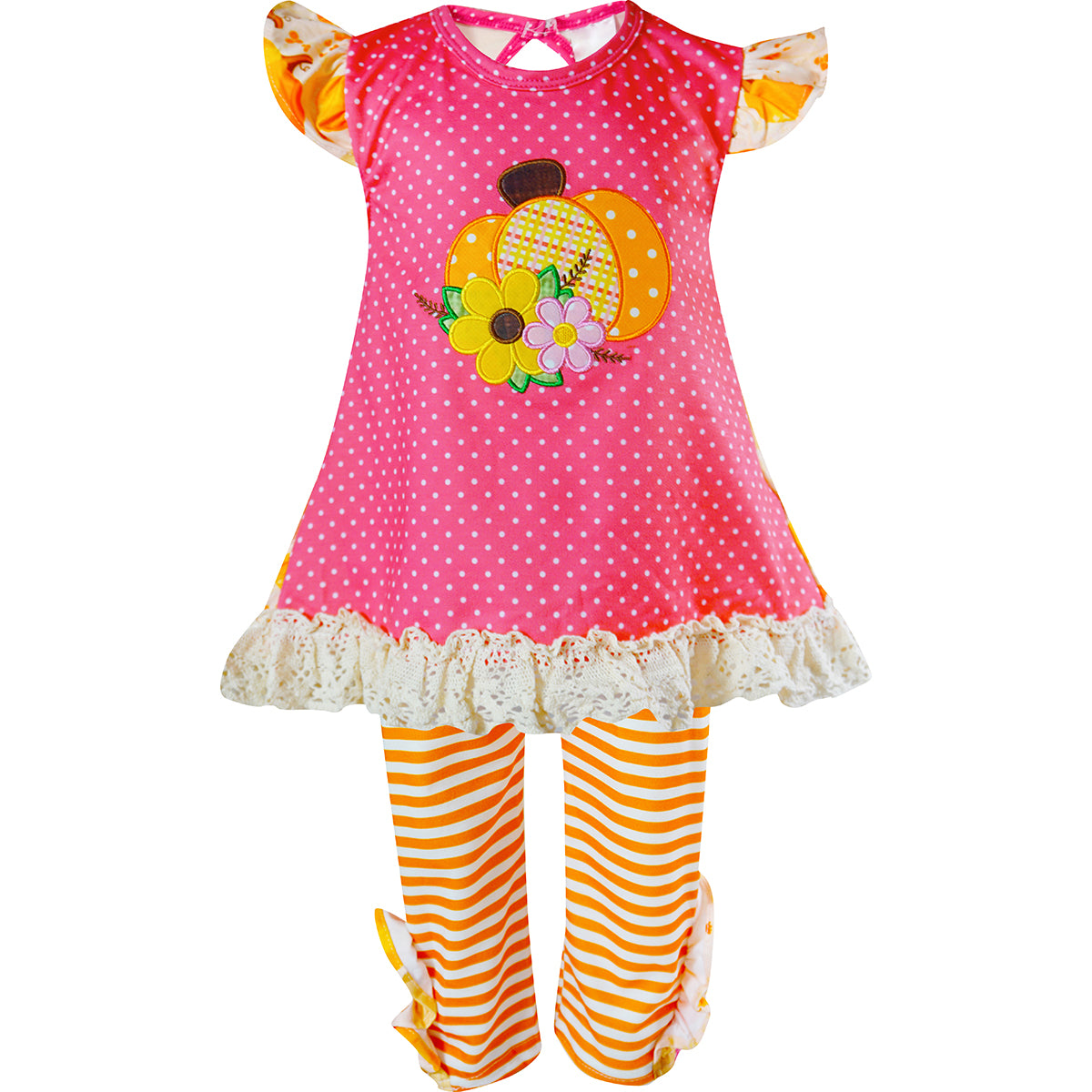 Baby Toddler Little Girl Pumpkin Patch Ruffle Pant Set - Pink Orange Stripes - Angeline Kids