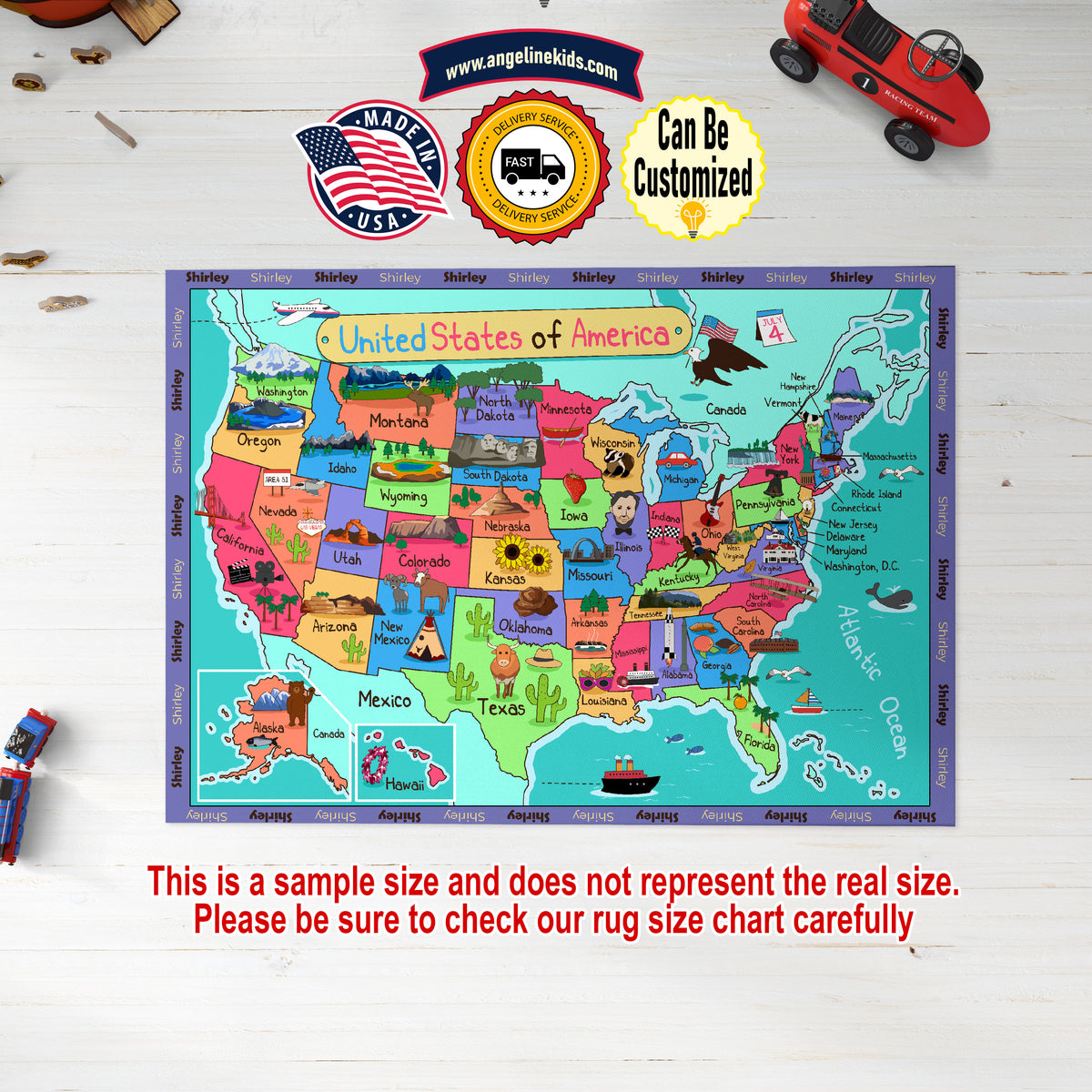 Custom United States Educational Map Kids Rug, USA Maps Kids Learning Play Mat, Personalized Baby Nursery Initial Rug, Custom Educational USA Map Carpet Playtime