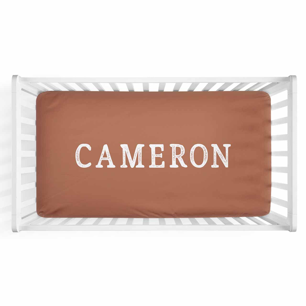 Personalized Baby Name Rust Color Jersey Knit Crib Sheet in Block Print Style